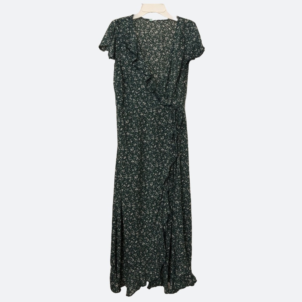 Kimchi Blue Green Floral Midi Wrap Dress